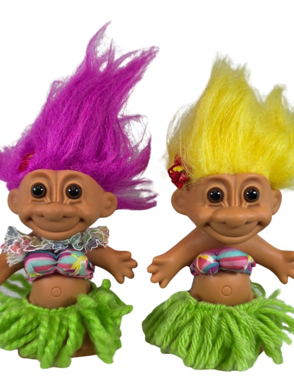 Vintage Russ Hawaiian Hula Troll Dolls Pair Pink Yellow Hair Retro 90s